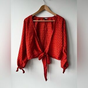 Silk Orange Patterned Tie-Front Top